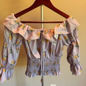 Zara Pink and Blue Puff Sleeve Blouse